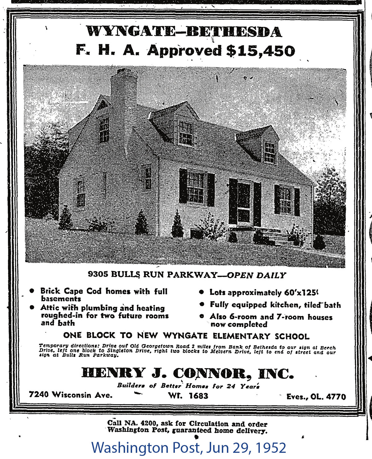 1952 Washington Post advertisement for Wyngate homes by Henry J. Connor Inc.