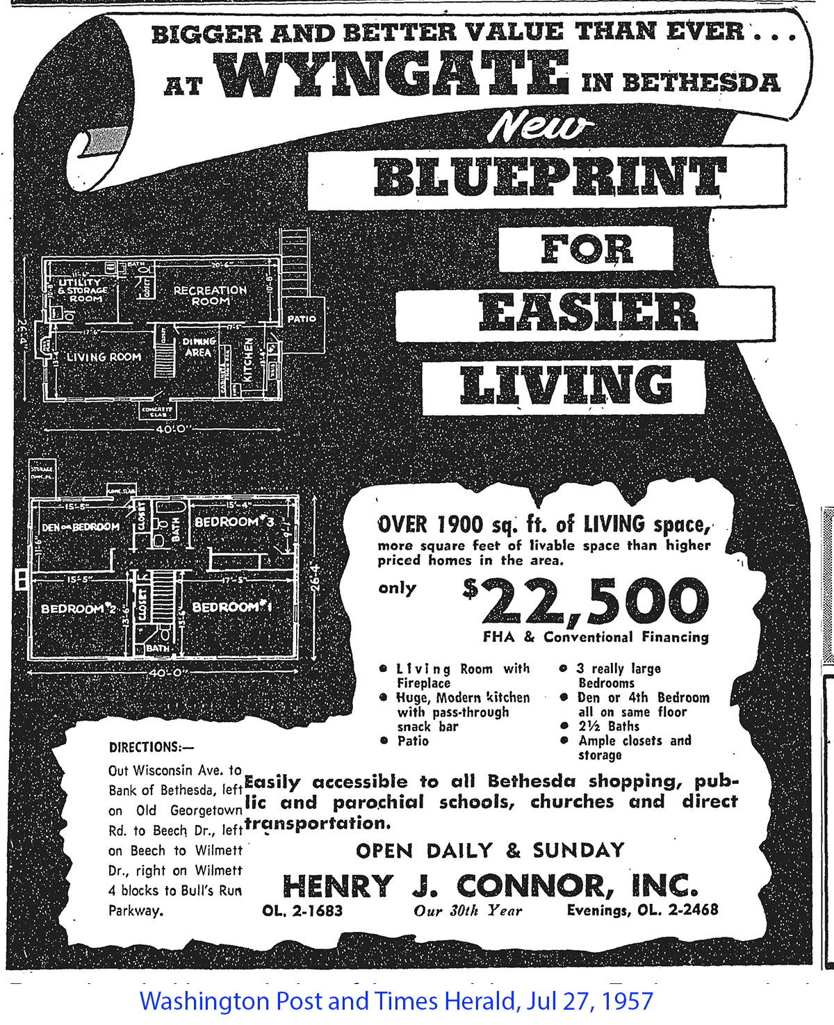 1957 Washington Post advertisement for Wyngate homes by Henry J. Connor Inc.