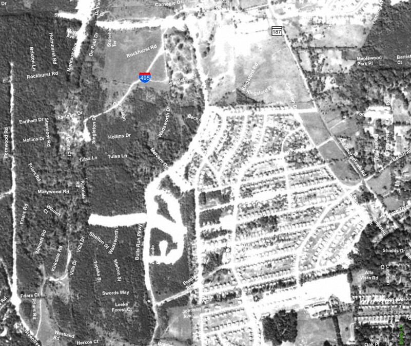 1951 aerial view showing new housing between Ewing Drive and Singleton Drive